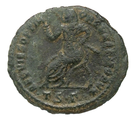 RIC VII Thessalonica 25 Constantine I reverse, Constantius Chlorus, veiled, draped, seated left in curule chair, holding s...