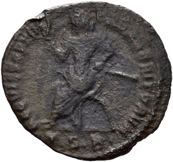 RIC VII Thessalonica 25 Constantine I reverse, Constantius Chlorus, veiled, draped, seated left in curule chair, holding s...