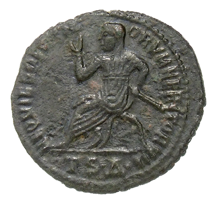 RIC VII Thessalonica 26 Constantine I reverse, Claudius II Gothicus, veiled, draped, seated left in curule chair, holding ...
