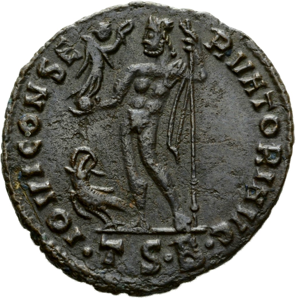 RIC VII Thessalonica 3 Licinius reverse, Jupiter, nude, chlamys draped across left shoulder, standing left, holding Victor...