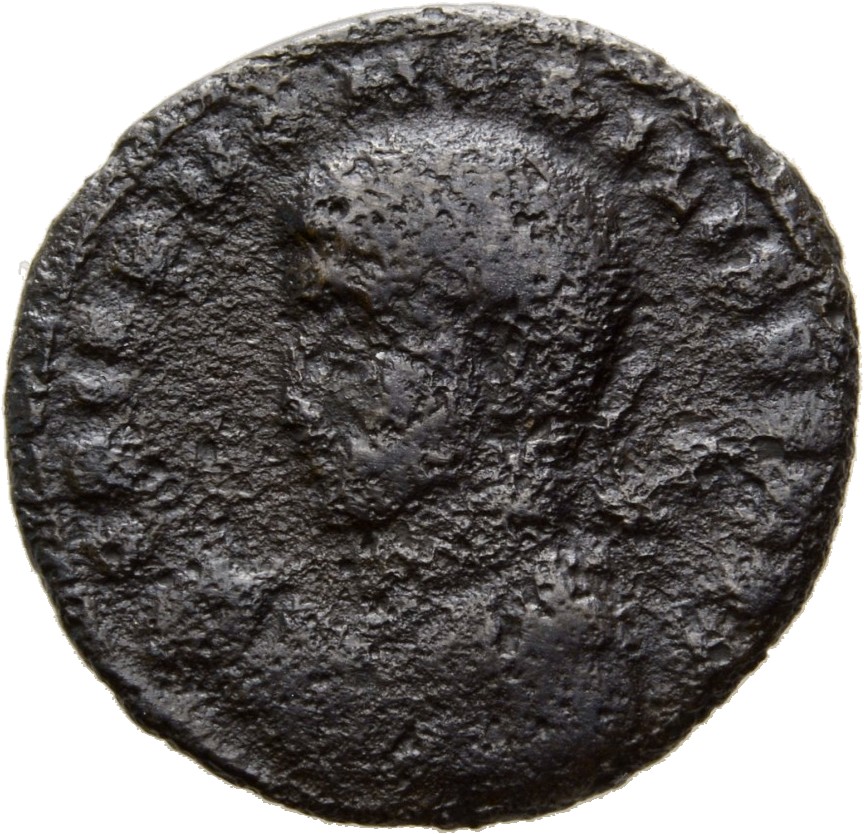 Constantine I obverse — Bust of Crispus, laureate, cuirassed, left, holding spear across right shoulder