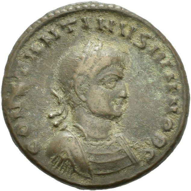 RIC VII Thessalonica 45 Constantine I obverse, Bust of Constantine II, laureate, cuirassed, right
