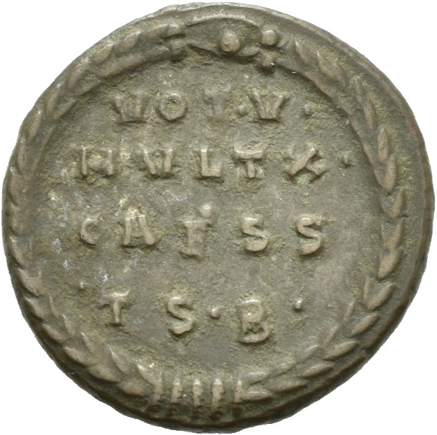 RIC VII Thessalonica 45 Constantine I reverse, VOT •V•/MVLT •X•/CAESS within laurel wreath with mint mark