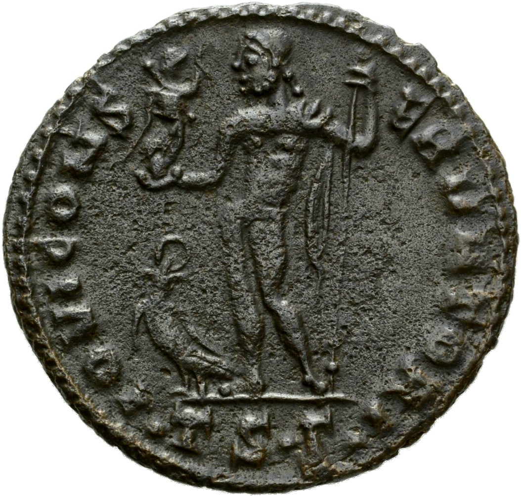 RIC VII Thessalonica 5 Licinius reverse, Jupiter, nude, chlamys draped across left shoulder, standing left, holding Victor...