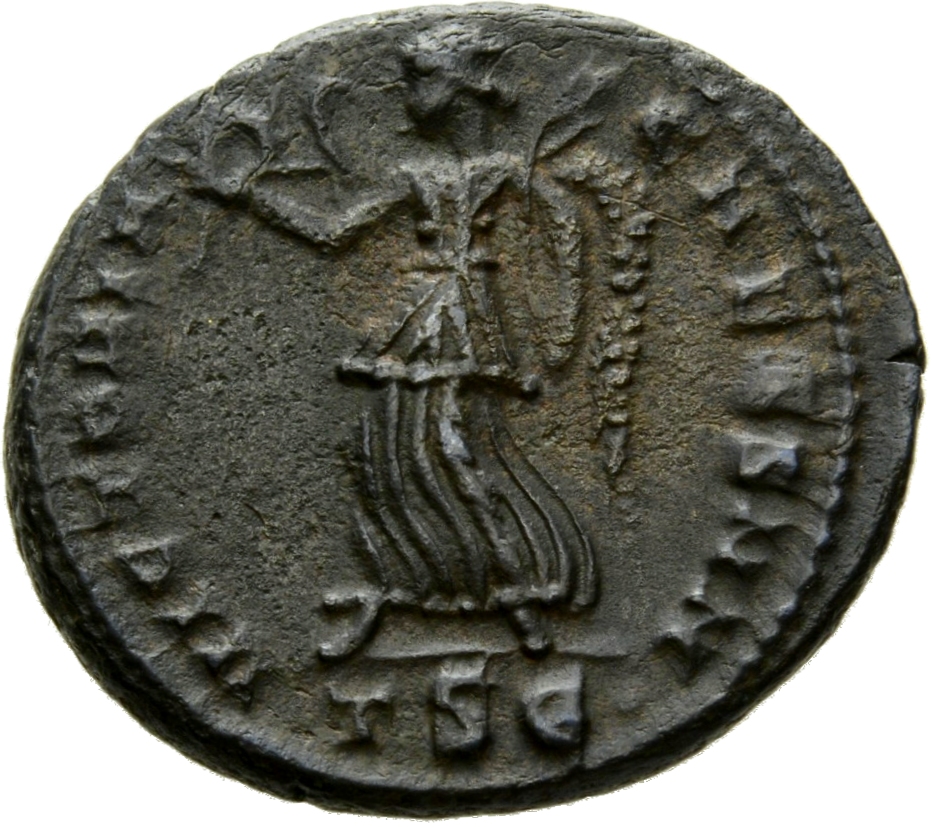 Constantine I reverse — Victory, winged, draped, advancing left, holding wreath in right hand and palm in left hand