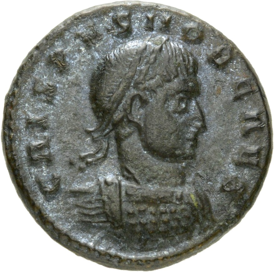 Constantine I obverse — Bust of Crispus, laureate, cuirassed, right