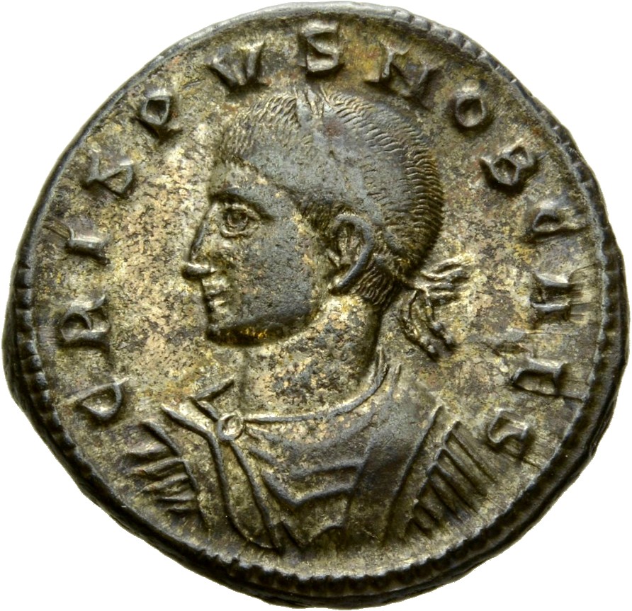 Constantine I obverse — Bust of Crispus, laureate, draped, cuirassed, left