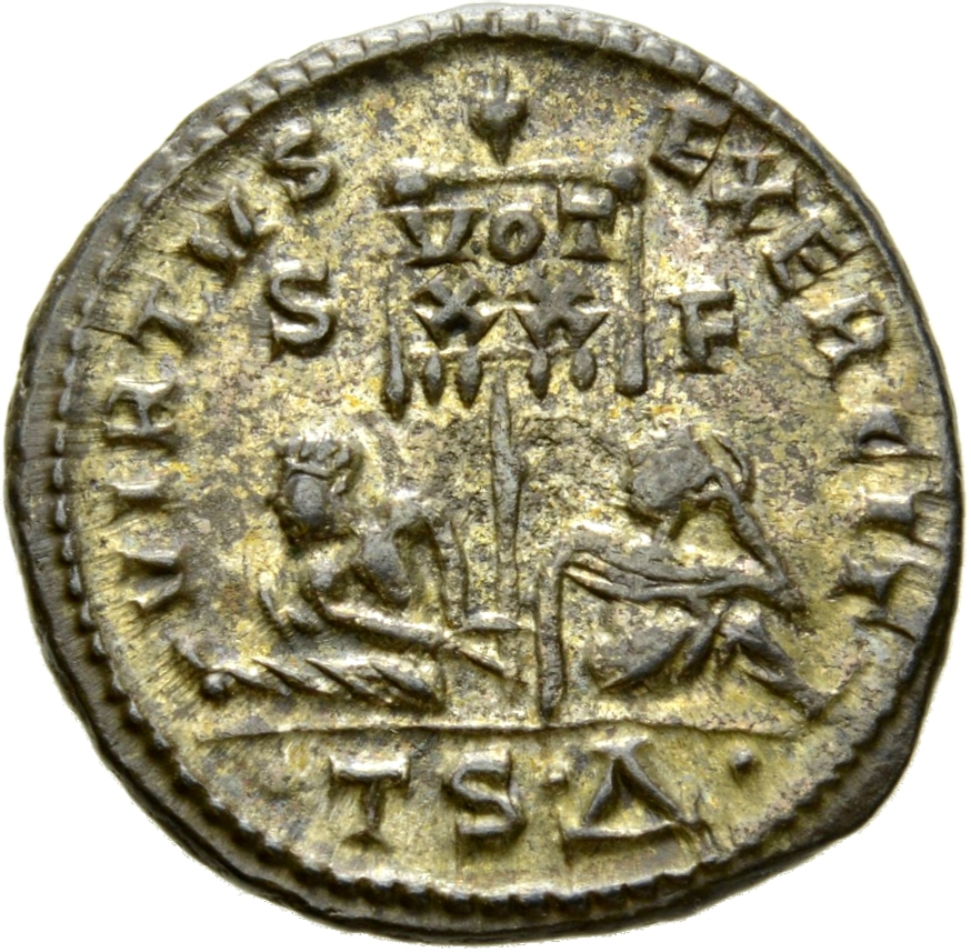 Constantine I reverse — Standard inscribed VOT/XX flanked by two seated captives