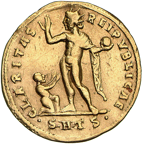 RIC VII Thessalonica 8 Constantine I reverse, Sol, radiate, chlamys draped across left shoulder, standing left, raising ri...