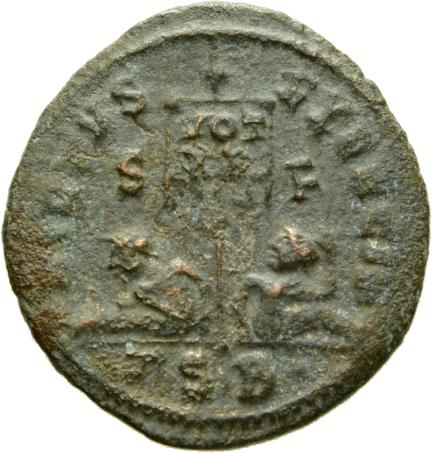 Constantine I reverse — Standard inscribed VOT/XX flanked by two seated captives