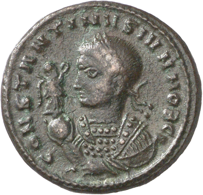 Constantine I obverse — Bust of Constantine II, laureate, draped, left, holding Victory on globe in right hand and mappa in left hand
