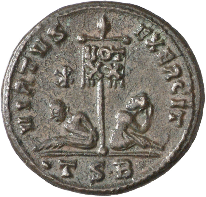 Constantine I reverse — Standard inscribed VOT/XX flanked by two seated captives