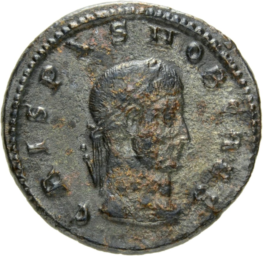 Constantine I obverse — Head of Crispus, laureate, right