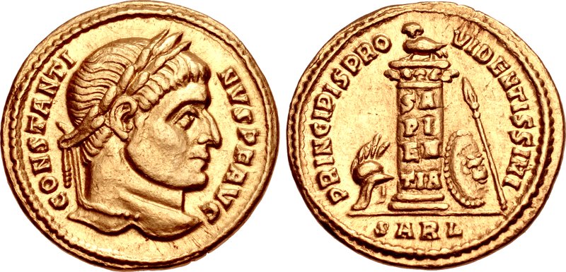 RIC VII Ticinum 1 Constantine I obverse — Bust of Constantine I, laureate, draped, cuirassed, right, seen from behind