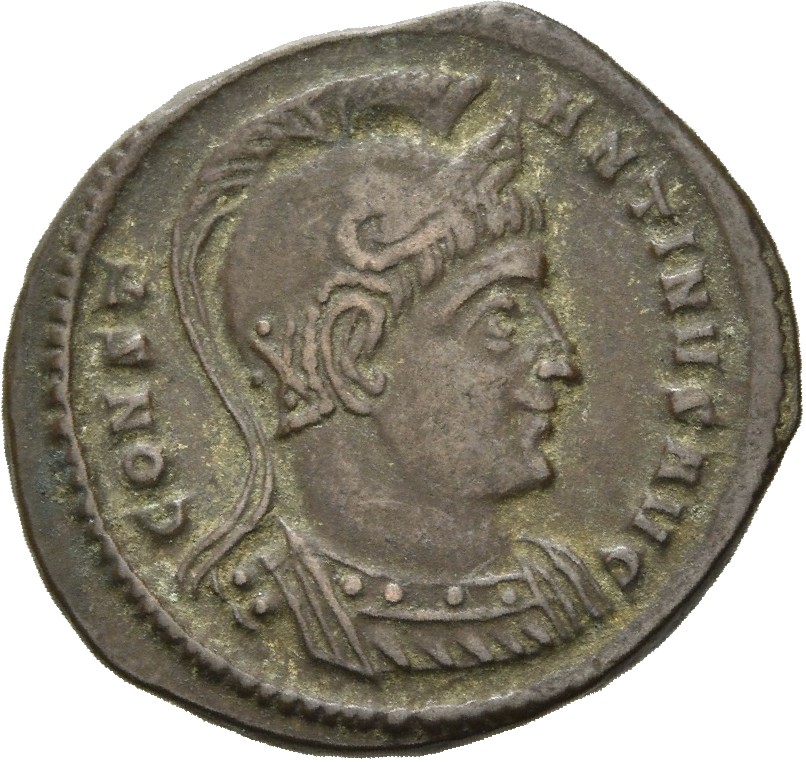RIC VII Ticinum 114 Constantine I obverse, Bust of Constantine I, helmeted, cuirassed, right