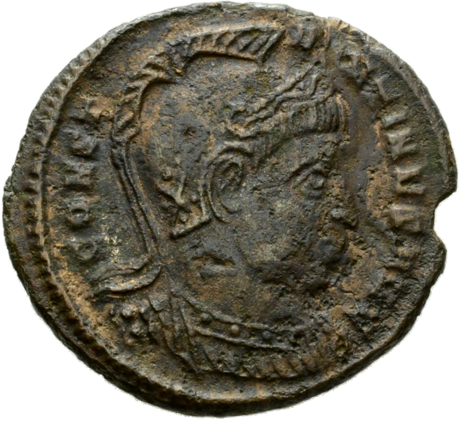 Constantine I obverse — Bust of Constantine I, helmeted, cuirassed, right