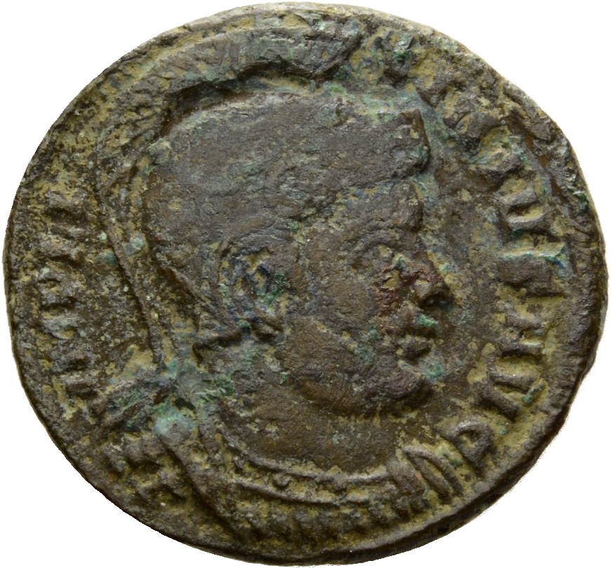 RIC VII Ticinum 116 Constantine I obverse, Bust of Licinius, helmeted, cuirassed, right