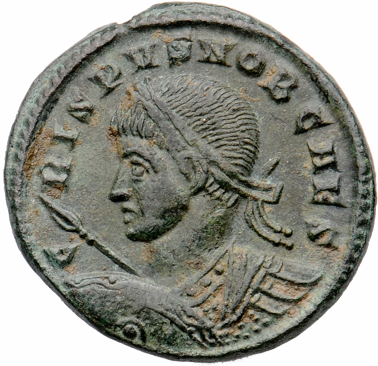 RIC VII Ticinum 117 Constantine I obverse, Bust of Crispus, laureate, cuirassed, left, holding spear pointing forward in r...