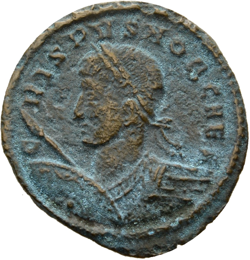 Constantine I obverse — Bust of Crispus, laureate, cuirassed, left, holding spear pointing forward in right hand and shield on left arm