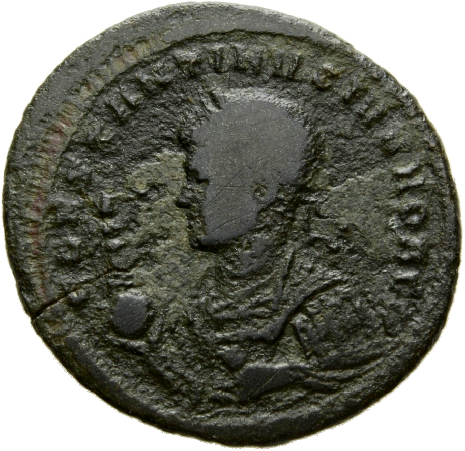 RIC VII Ticinum 121 Constantine I obverse, Bust of Constantine II, laureate, draped, left, holding Victory on globe in rig...