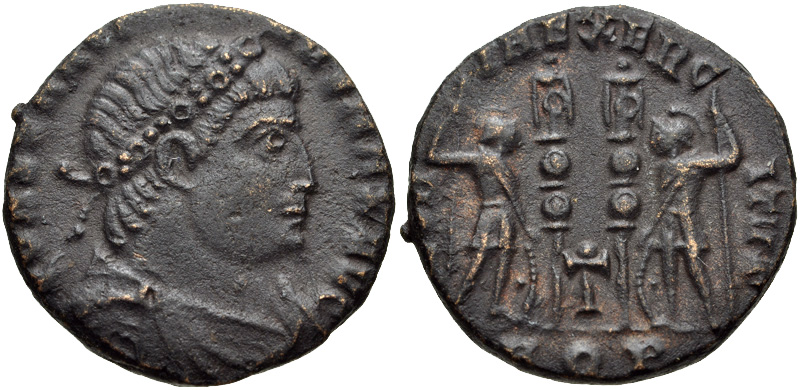 RIC VII Ticinum 124 Constantine I obverse, Bust of Crispus, laureate, cuirassed, left, holding spear pointing forward in r...