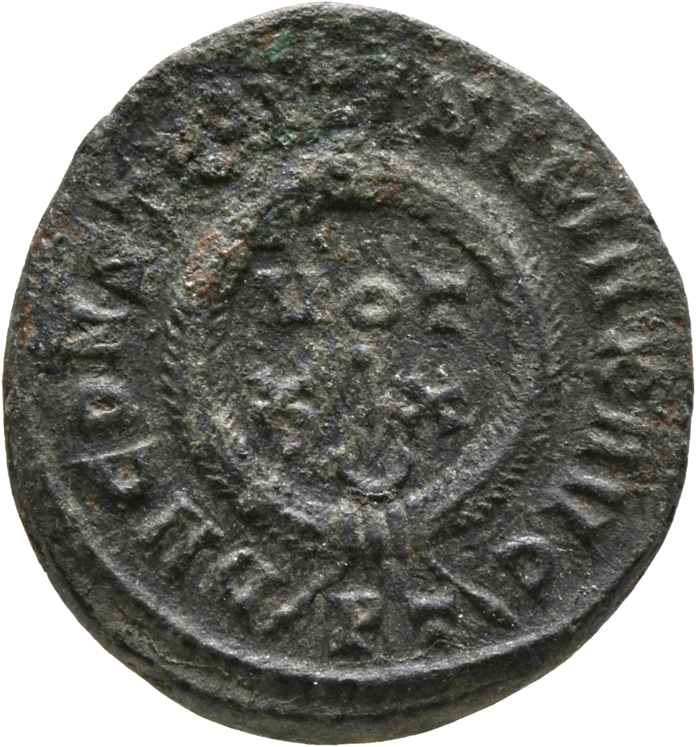 RIC VII Ticinum 130 Constantine I reverse, VOT/XX within a laurel wreath