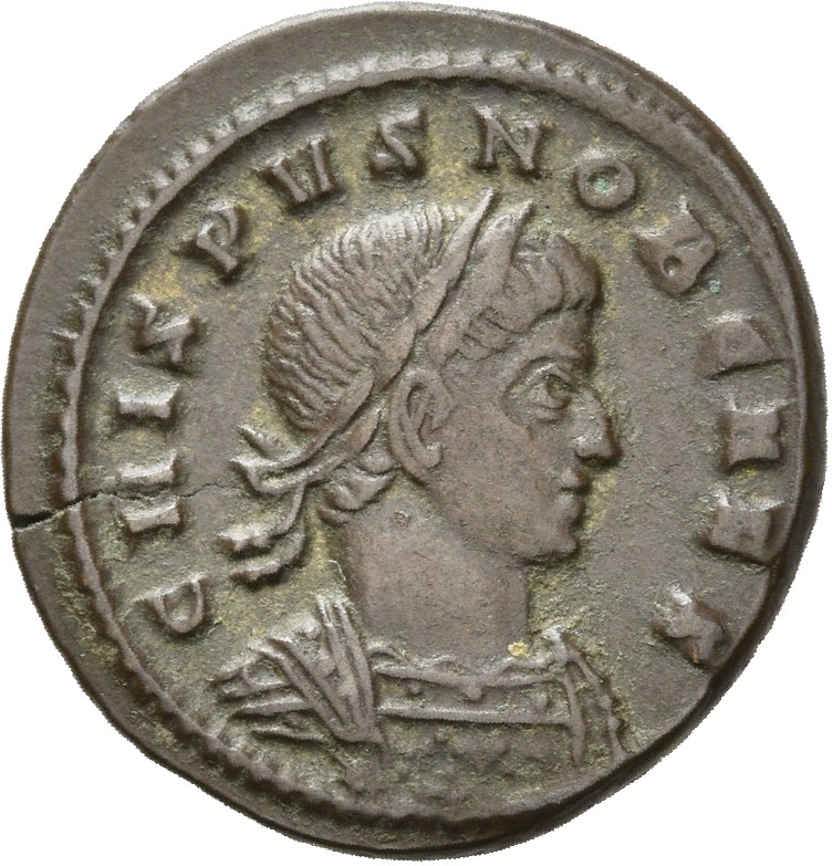 RIC VII Ticinum 148 Constantine I obverse, Bust of Crispus, laureate, cuirassed, right