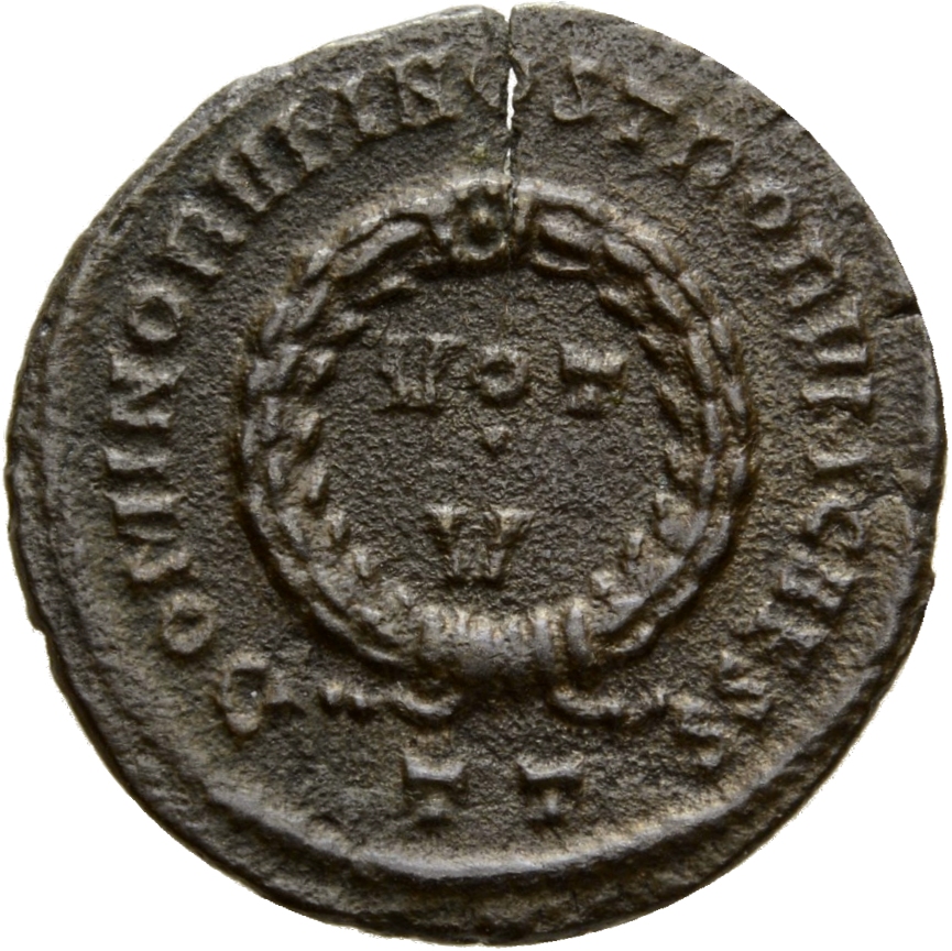 RIC VII Ticinum 148 Constantine I reverse, VOT/V within a laurel wreath