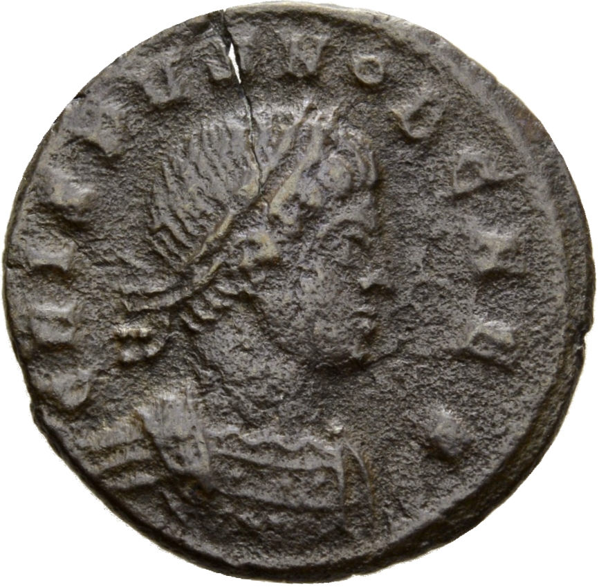 Constantine I obverse — Bust of Crispus, laureate, cuirassed, right