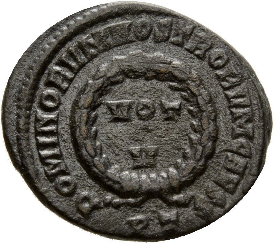 RIC VII Ticinum 152 Constantine I reverse, VOT/V within a laurel wreath