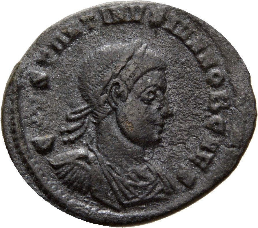 RIC VII Ticinum 152 Constantine I obverse, Bust of Constantine II, laureate, draped, cuirassed, right
