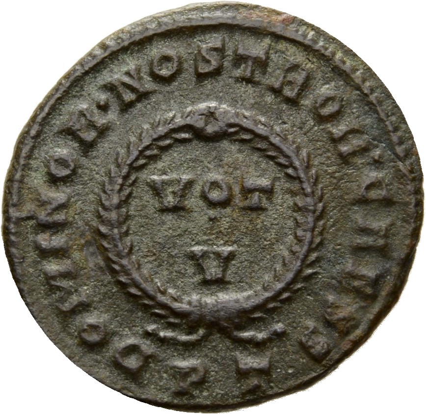 RIC VII Ticinum 153 Constantine I reverse, VOT/V within a laurel wreath