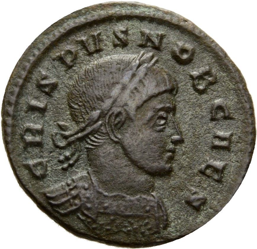 Constantine I obverse — Bust of Crispus, laureate, cuirassed, right