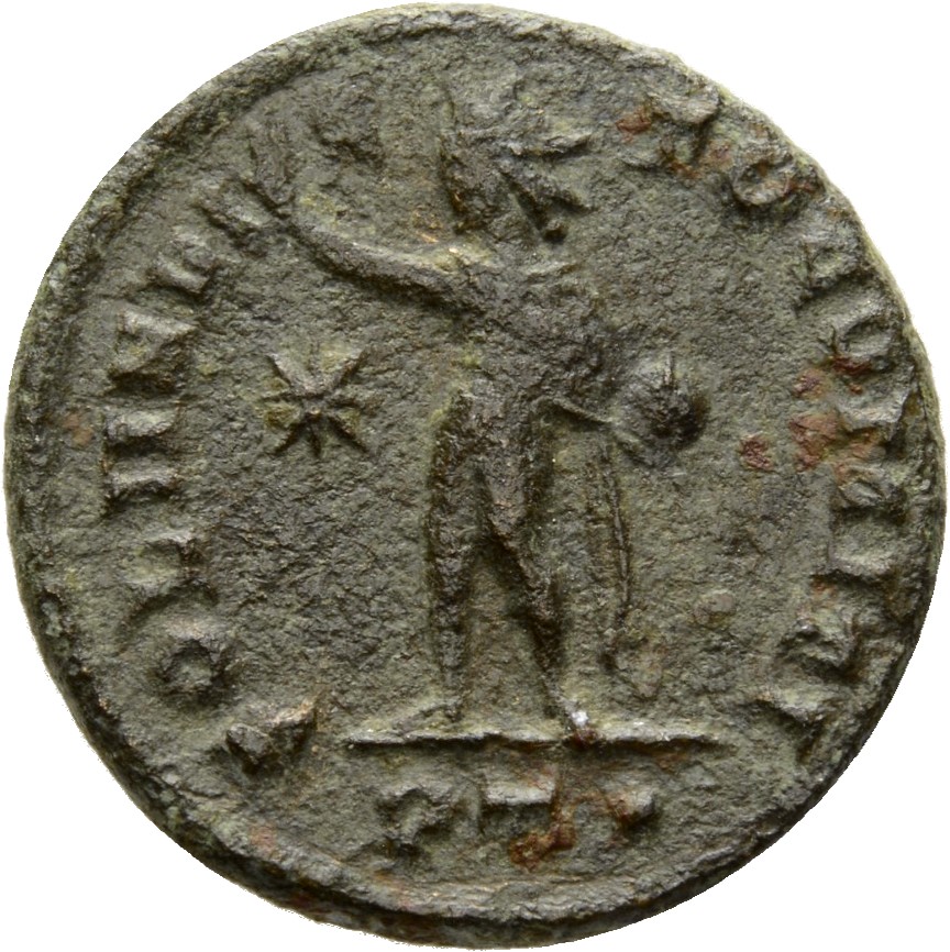 Constantine I reverse — Sol, radiate, chlamys draped across left shoulder, standing left, raising right hand and holding globe in left hand