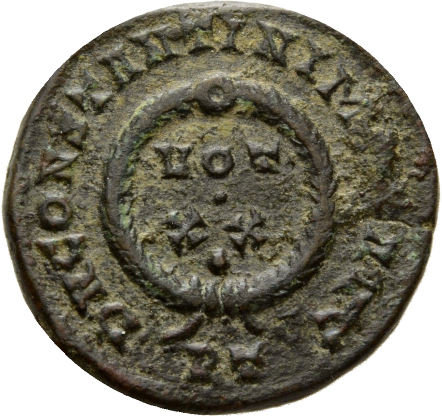 RIC VII Ticinum 163 Constantine I reverse, VOT/XX within a laurel wreath