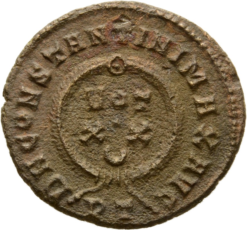 RIC VII Ticinum 167 Constantine I reverse, VOT/XX within a laurel wreath
