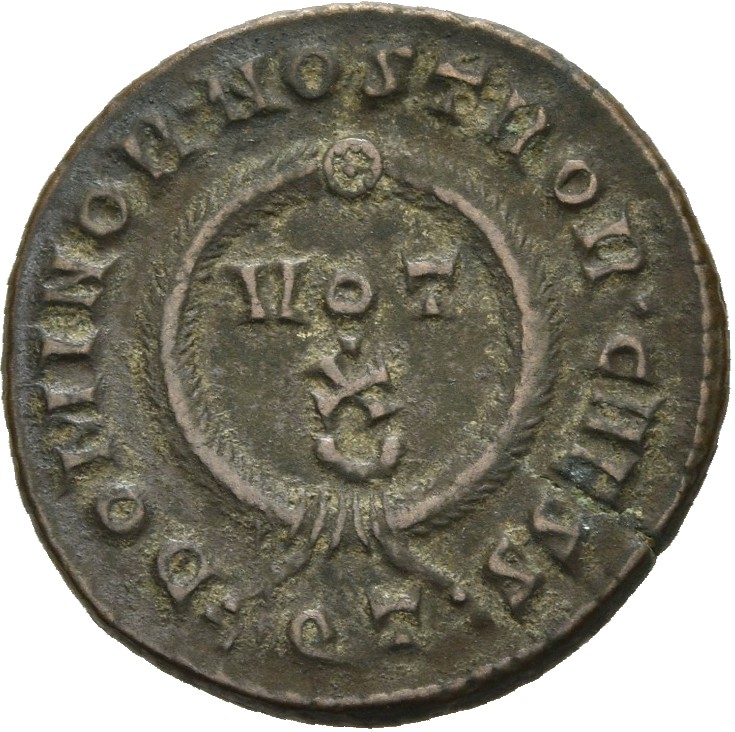 RIC VII Ticinum 170 Constantine I reverse, VOT/X within a laurel wreath