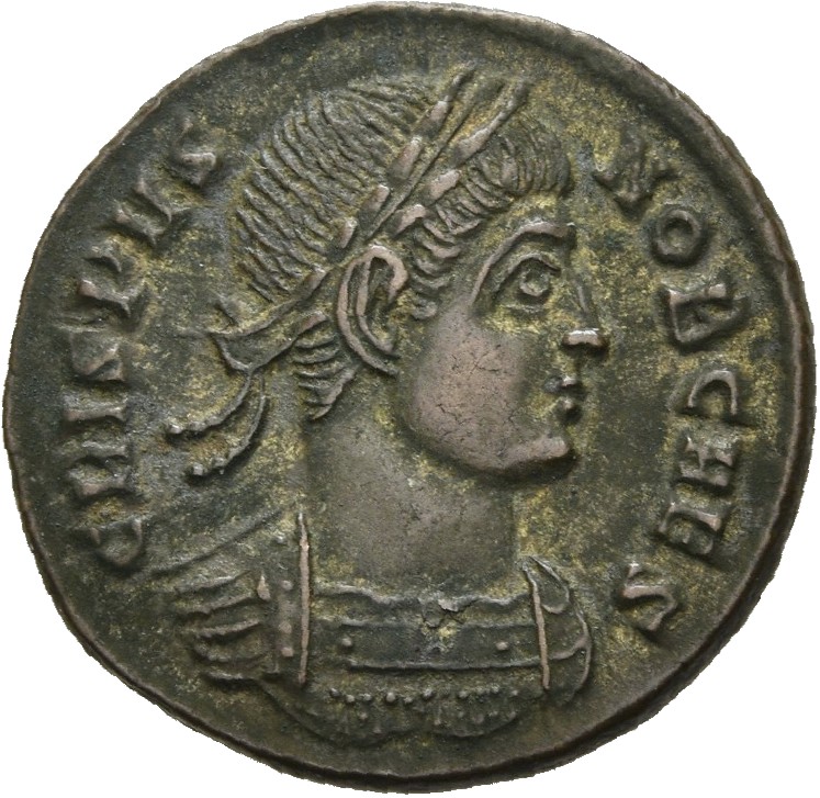 RIC VII Ticinum 170 Constantine I obverse, Bust of Crispus, laureate, cuirassed, right