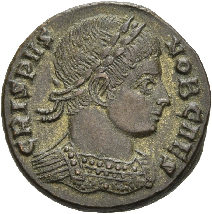 RIC VII Ticinum 170 Constantine I obverse, Bust of Crispus, laureate, cuirassed, right