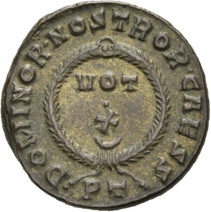 RIC VII Ticinum 170 Constantine I reverse, VOT/X within a laurel wreath