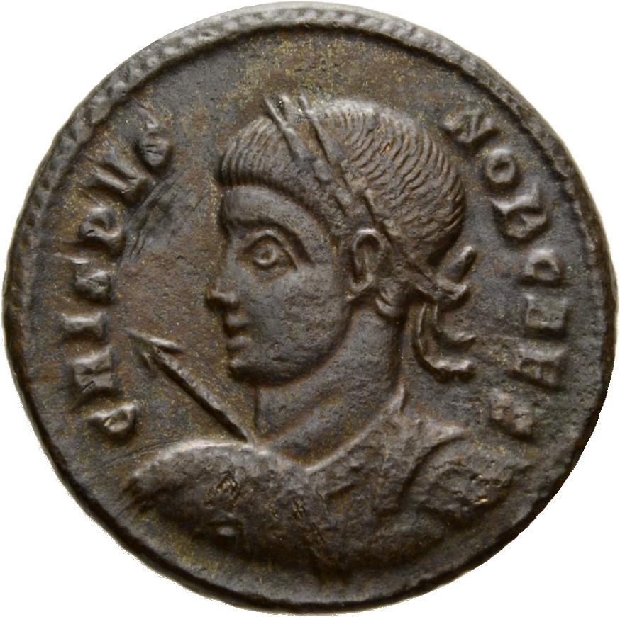 Constantine I obverse — Bust of Crispus, laureate, cuirassed, left, holding spear pointing forward in right hand and shield on left arm