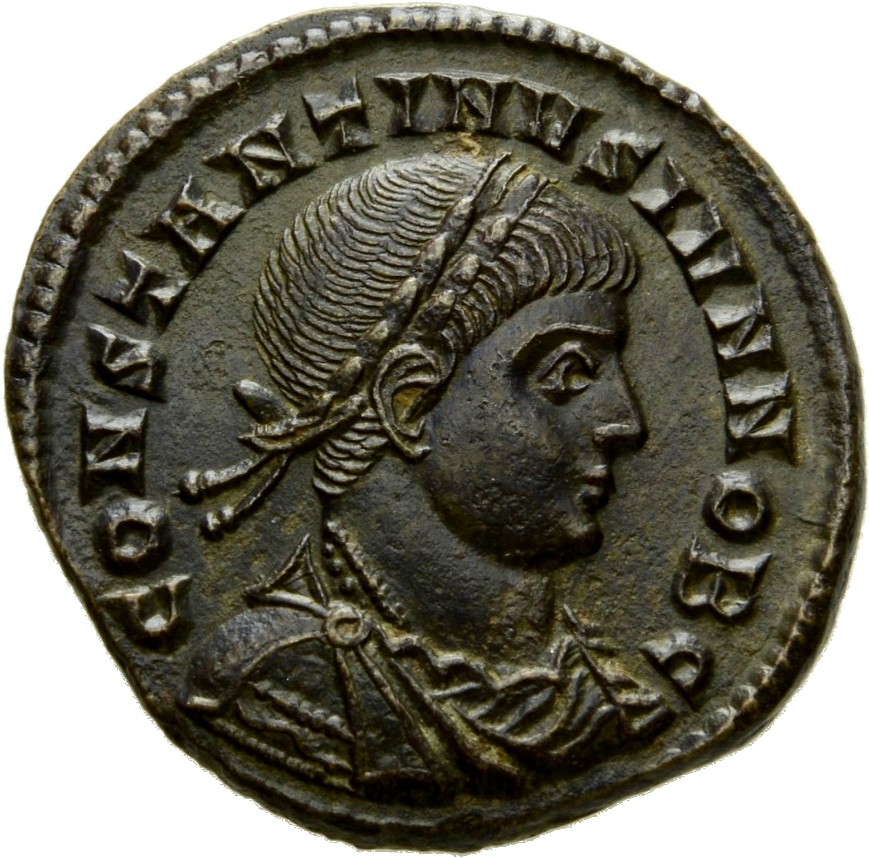 RIC VII Ticinum 172 Constantine I obverse, Bust of Constantine II, laureate, draped, cuirassed, right