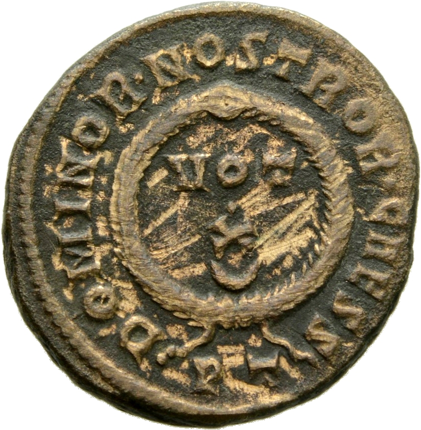 RIC VII Ticinum 173 Constantine I reverse, VOT/X within a laurel wreath