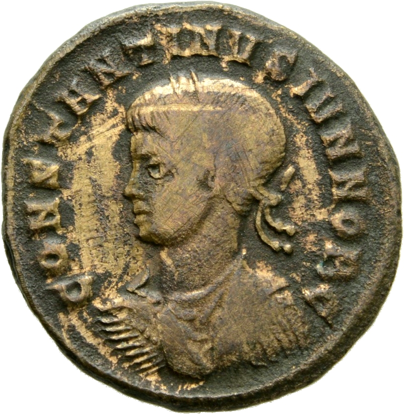 RIC VII Ticinum 173 Constantine I obverse, Bust of Constantine II, laureate, draped, cuirassed, left