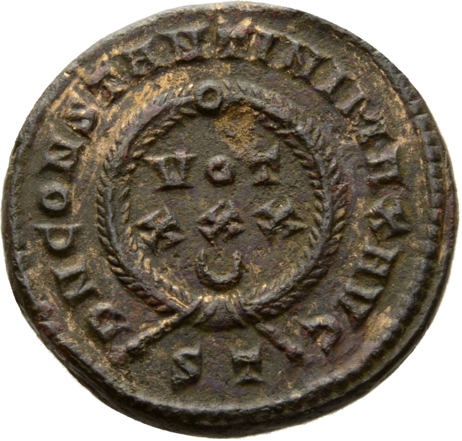 RIC VII Ticinum 174 Constantine I reverse, VOT/XXX within a laurel wreath