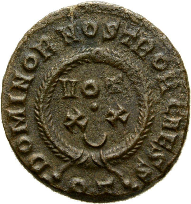 RIC VII Ticinum 176 Constantine I reverse, VOT/XX within a laurel wreath
