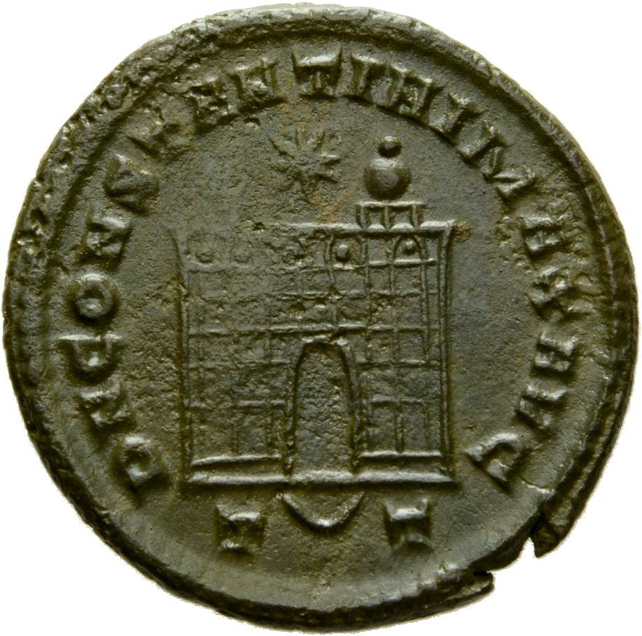 Constantine I reverse — Camp gate with two turrets, without doors, with varying stone layers; star above