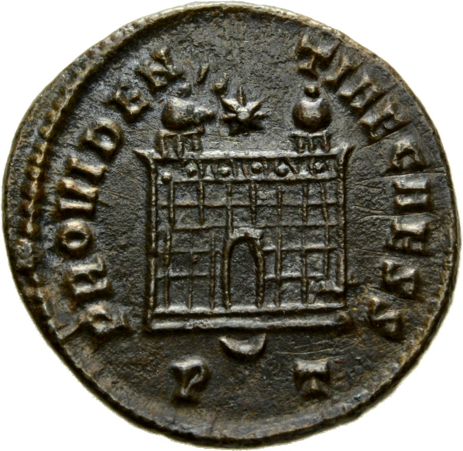 RIC VII Ticinum 200 Constantine I reverse, Camp gate with two turrets, without doors, with varying stone layers; star above