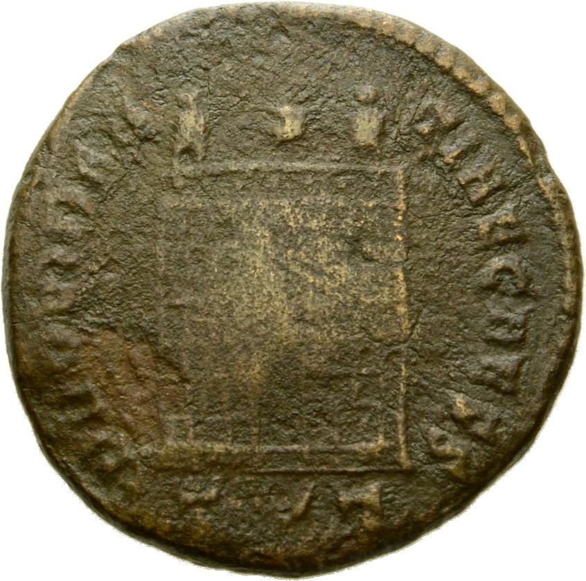 Constantine I reverse — Camp gate with two turrets, without doors, with varying stone layers; star above