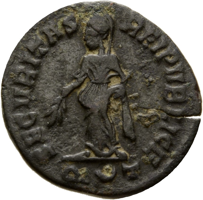 RIC VII Ticinum 202 Constantine I reverse, SECURITAS, draped, standing left, raising robe with right hand and lowering bra...